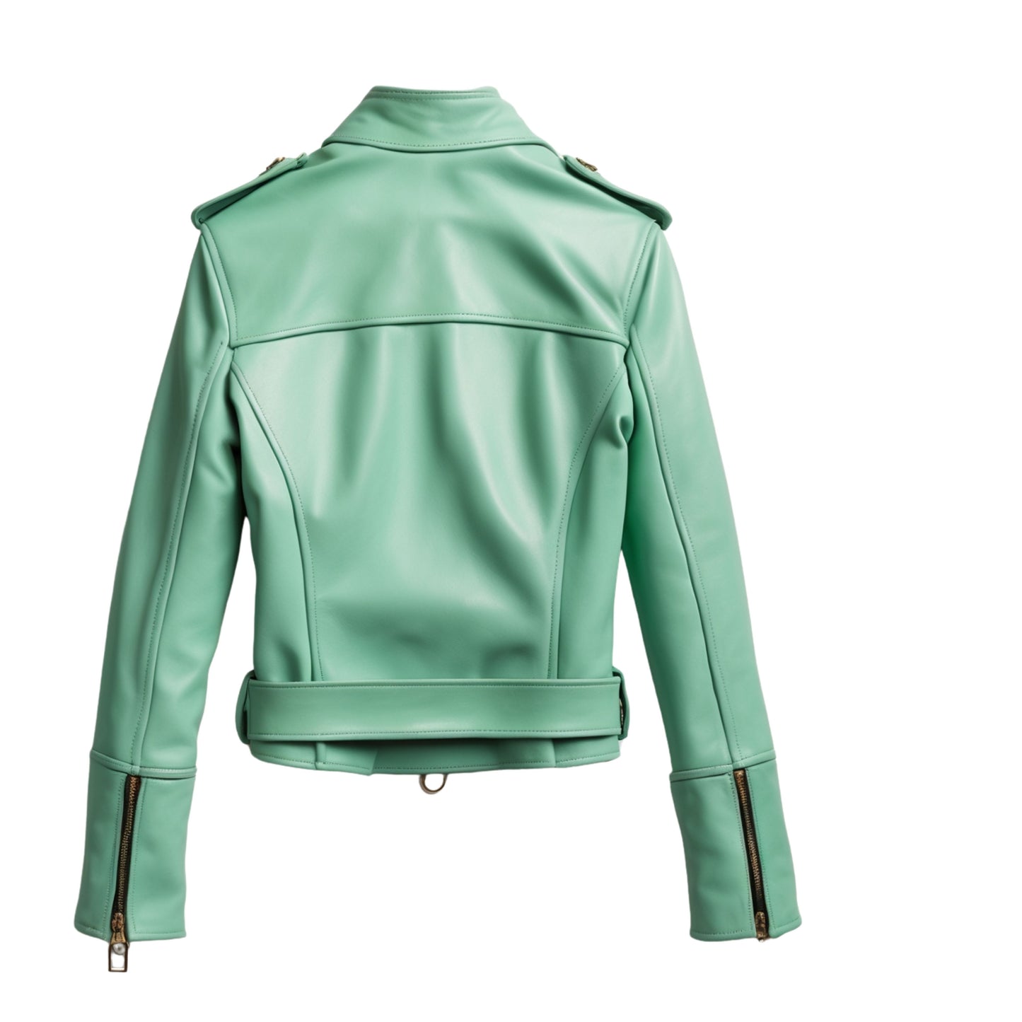Mint Green Leather Belted Moto Jacket: Cropped Stand Collar Zip Front Coat