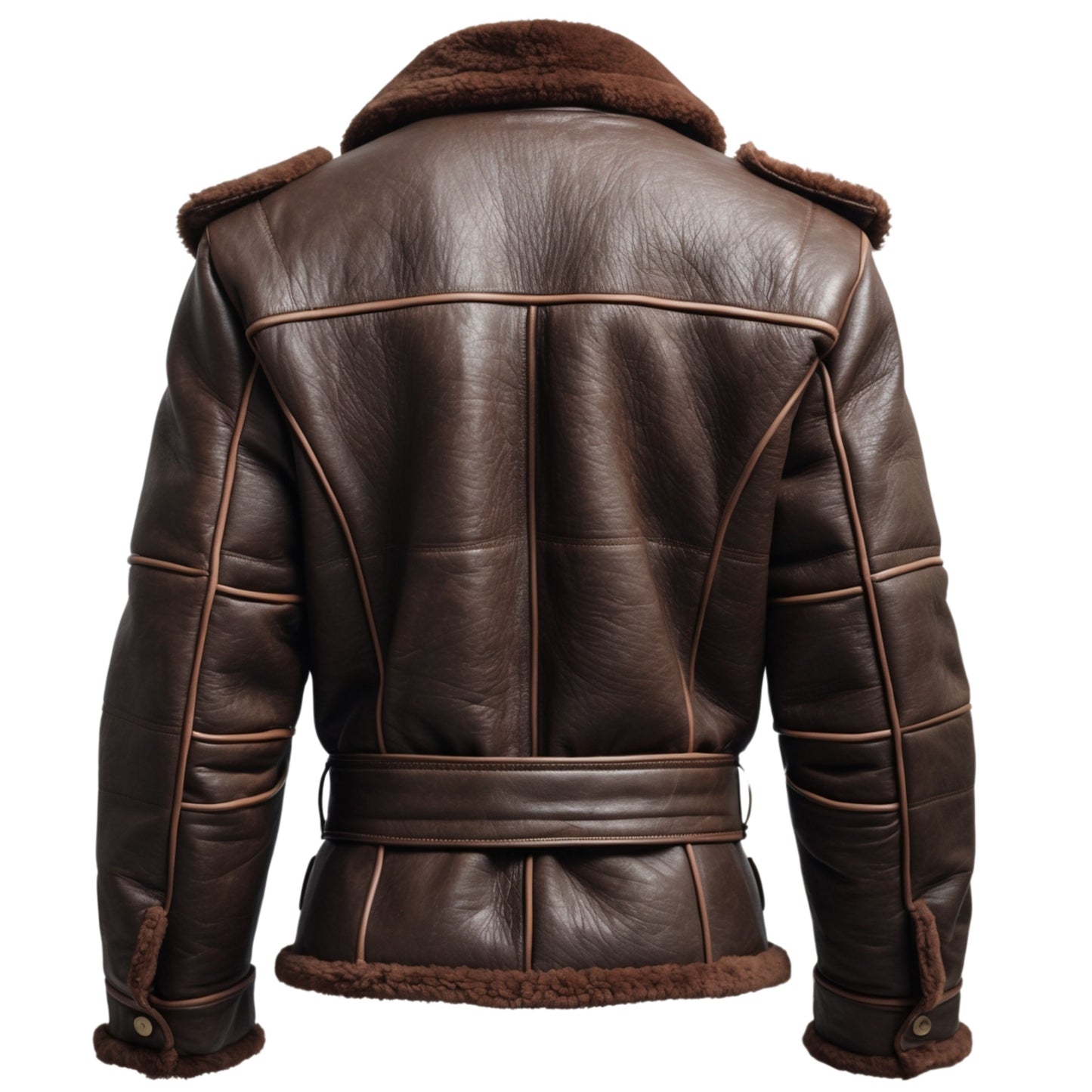 Men's Brown Real Leather Shearling Jacket with Plush Fur Collar and Belted Waist