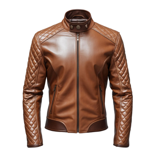 Brown Real Leather Biker Jacket Diamond Quilted Sleeves Stand Collar Slim Fit Street Style