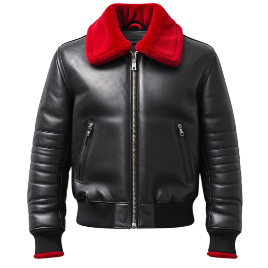 Men Real Leather Bomber Jacket Red Faux Shearling Collar Ribbed Cuffs Winter Warmth Urban Fashion Appeal