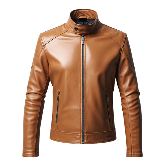 Men's Brown Real Leather Jacket: Stand Collar, Slim Fit, Zipper Pockets – Timeless Casual Style
