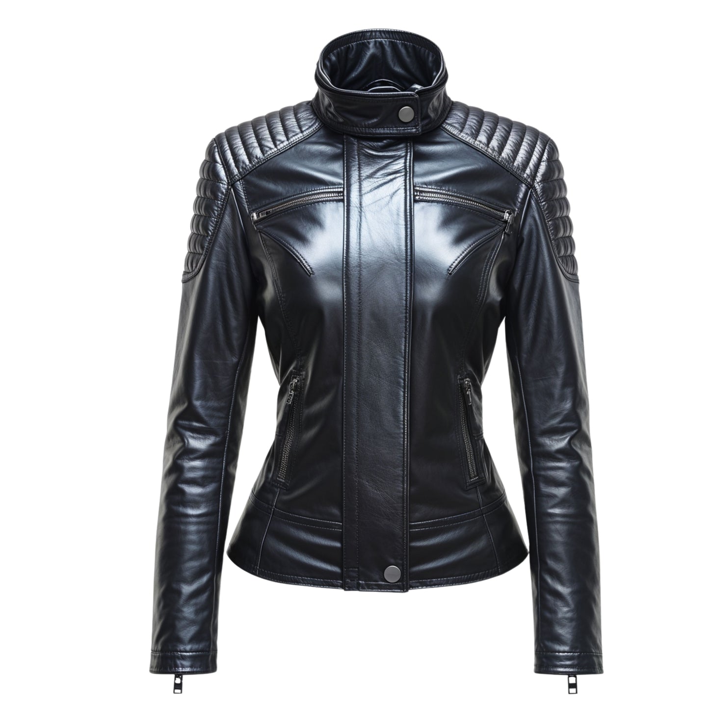 Women's Black Real Leather Quilted Shoulder Biker Jacket – Slim Fit Stand Collar Coat