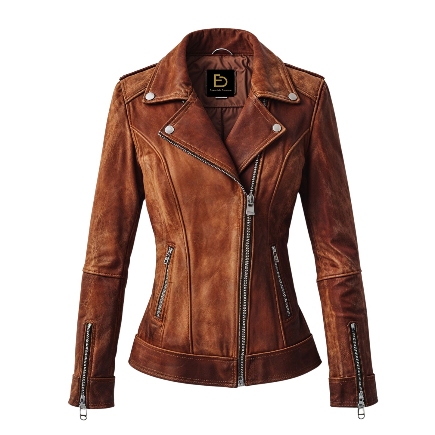 Womens Cognac Brown Leather Biker Jacket – Slim Fit Asymmetrical Zip Moto Outerwear