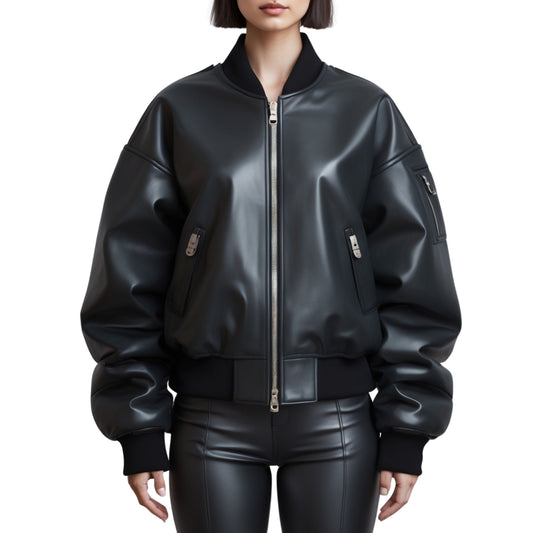 Women Real Leather Oversized Bomber Jacket Black Ribbed Multi Pocket Puffy Relaxed Streetwear Outerwear