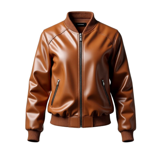 Women's Brown Lambskin Leather Bomber Jacket – Ribbed Collar, Zipper Front