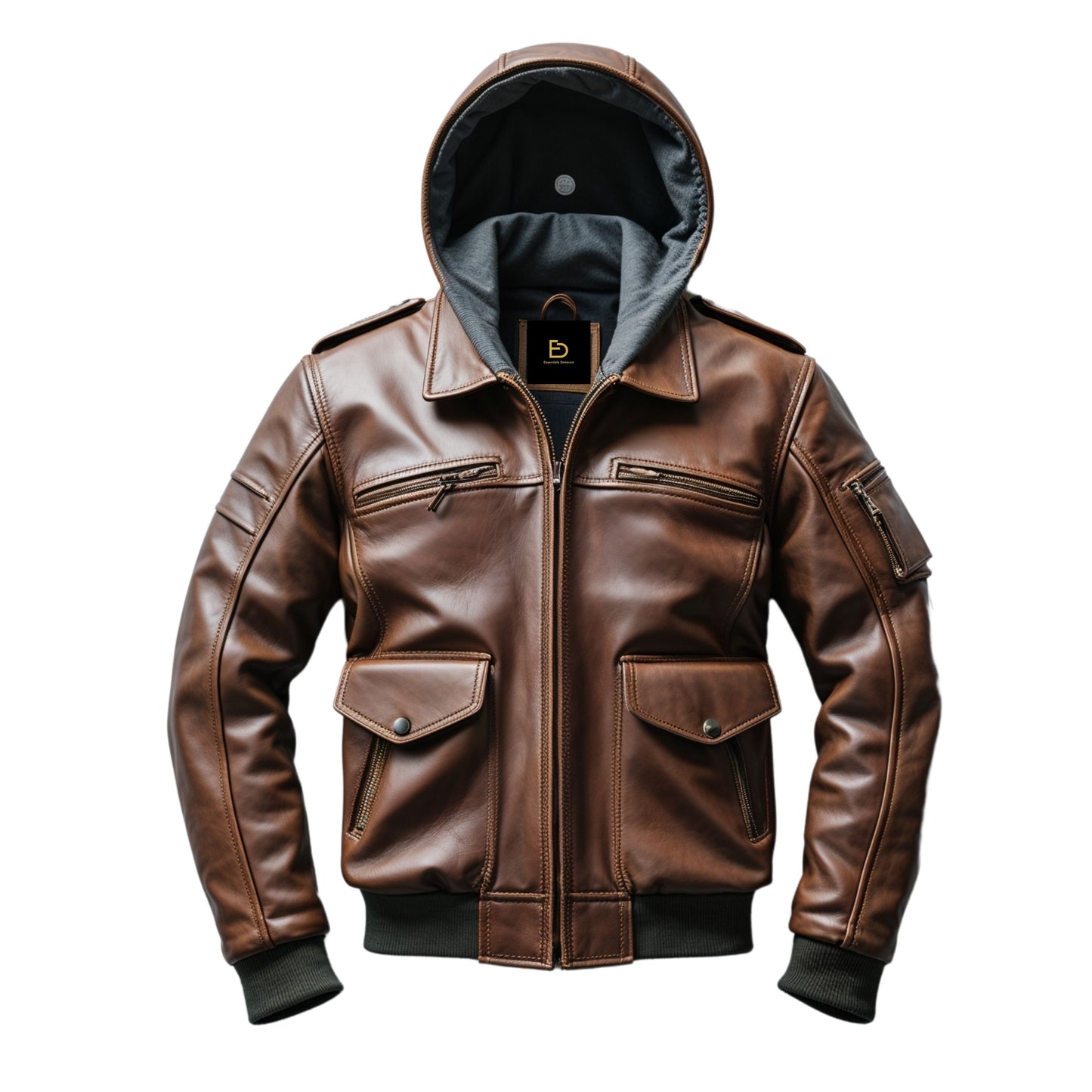 Classic Brown Hooded Leather Bomber Jacket Multiple Pockets Ribbed Cuffs Versatile Everyday Urban Style