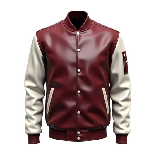Men's Maroon Cream Leather Varsity Jacket – Classic Baseball Snap Button Outerwear