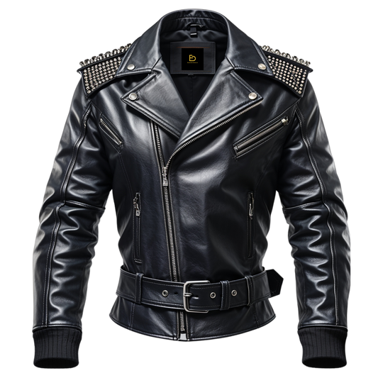 Men Real Leather Biker Jacket Black Studded Shoulder Zip Closure Belted Waist Classic Punk Moto Style