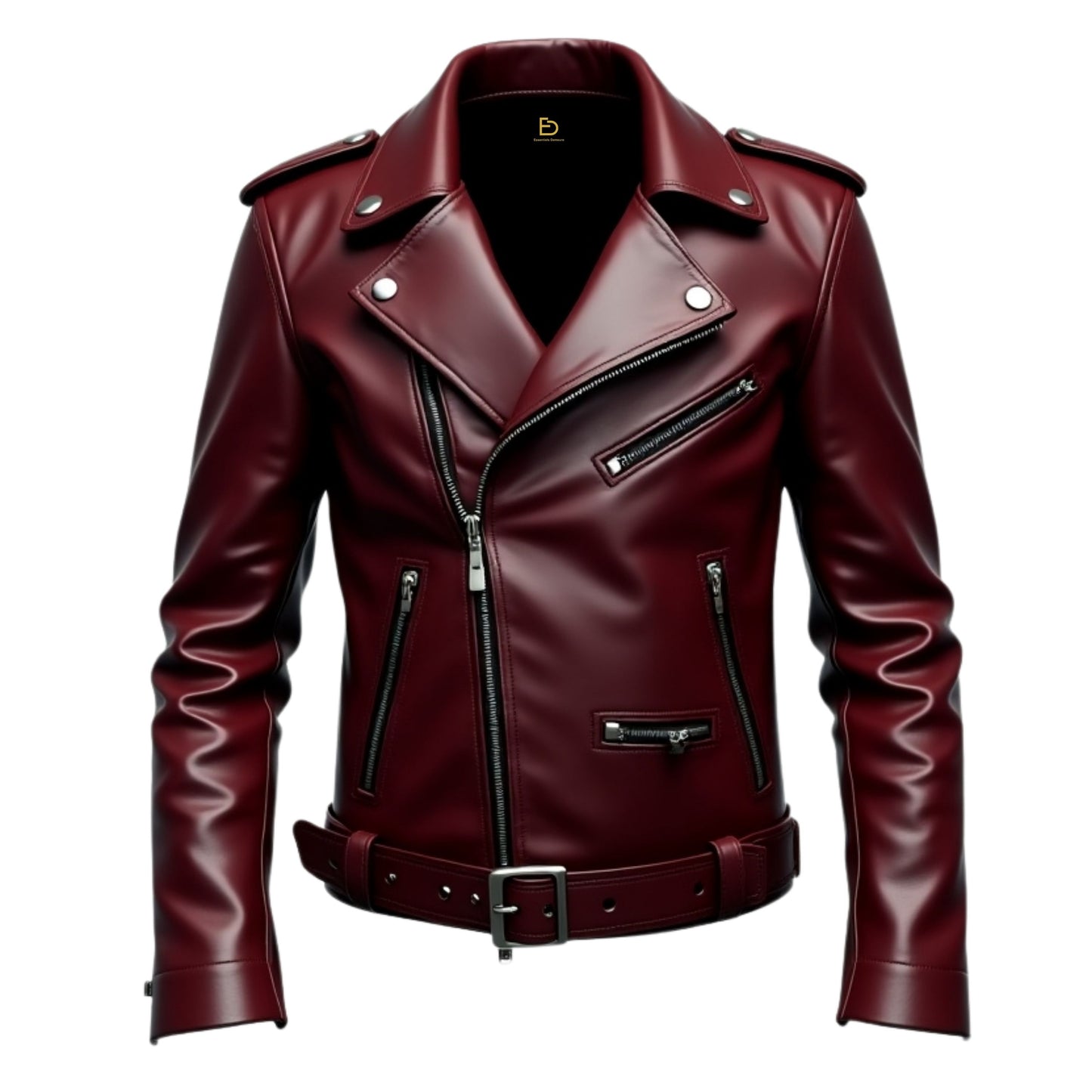 Men Maroon Biker Style Real Leather Jacket Asymmetrical Zipper Belted Waist Motorcycle Street Fashion