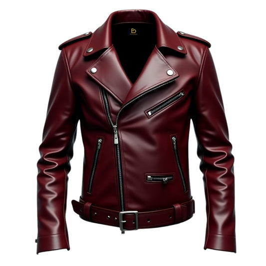Men Maroon Biker Style Real Leather Jacket Asymmetrical Zipper Belted Waist Motorcycle Street Fashion