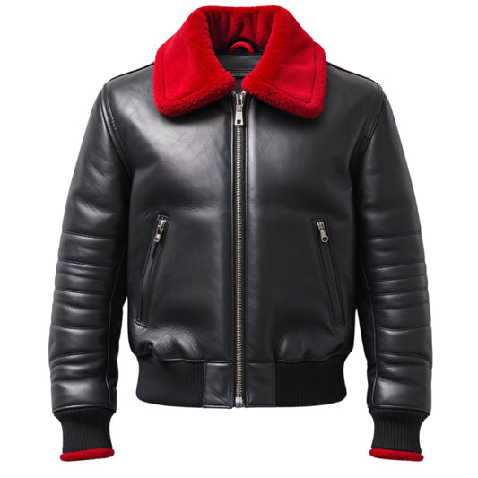 Men's Black Leather Bomber Jacket Red Faux Shearling Collar Ribbed Cuffs Urban Fashion