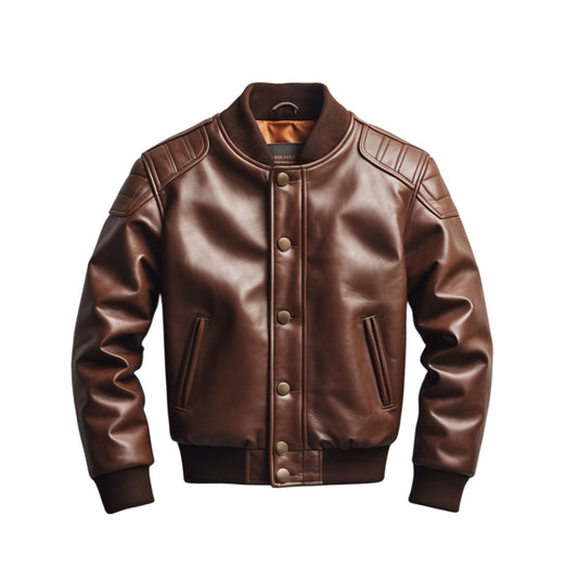Men's Real Leather Bomber Jacket: Ribbed Cuffs, Button Closure, Casual Outerwear