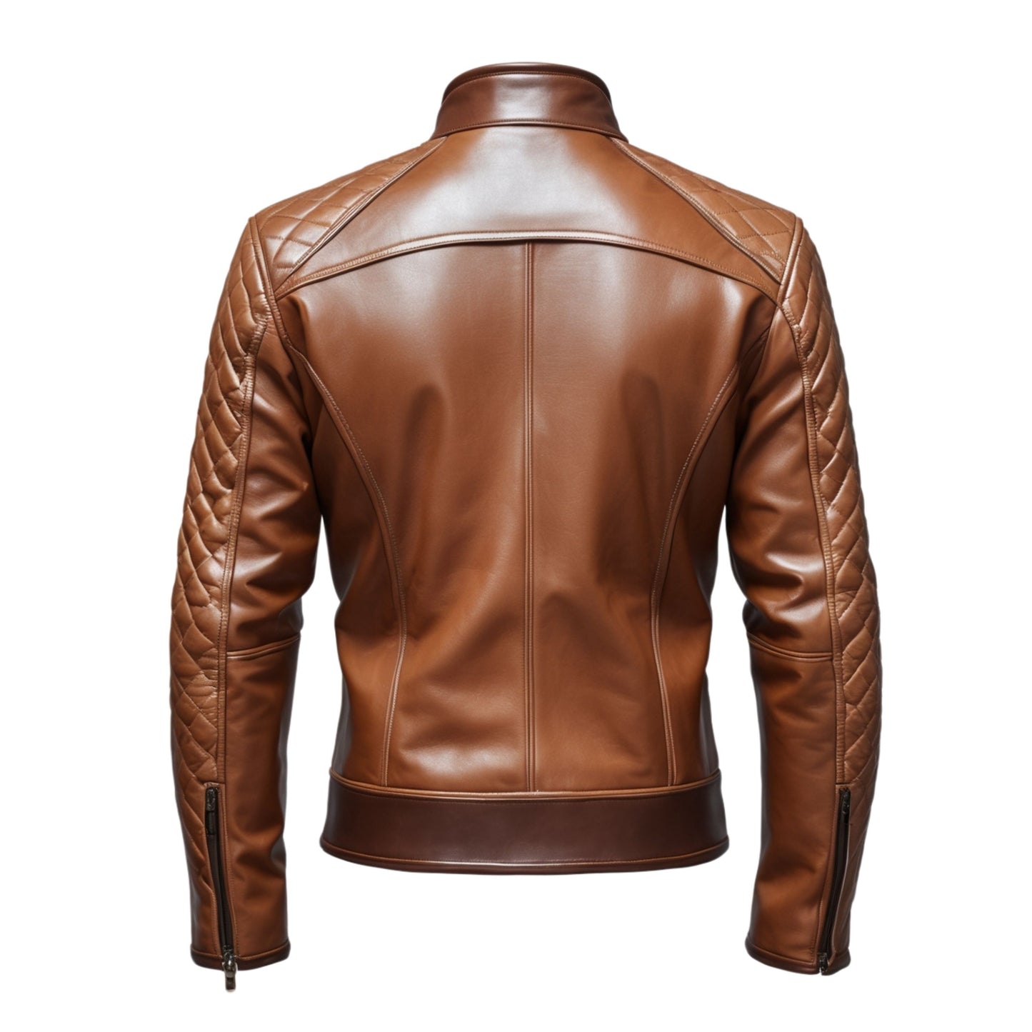 Brown Real Leather Biker Jacket Diamond Quilted Sleeves Stand Collar Slim Fit Street Style