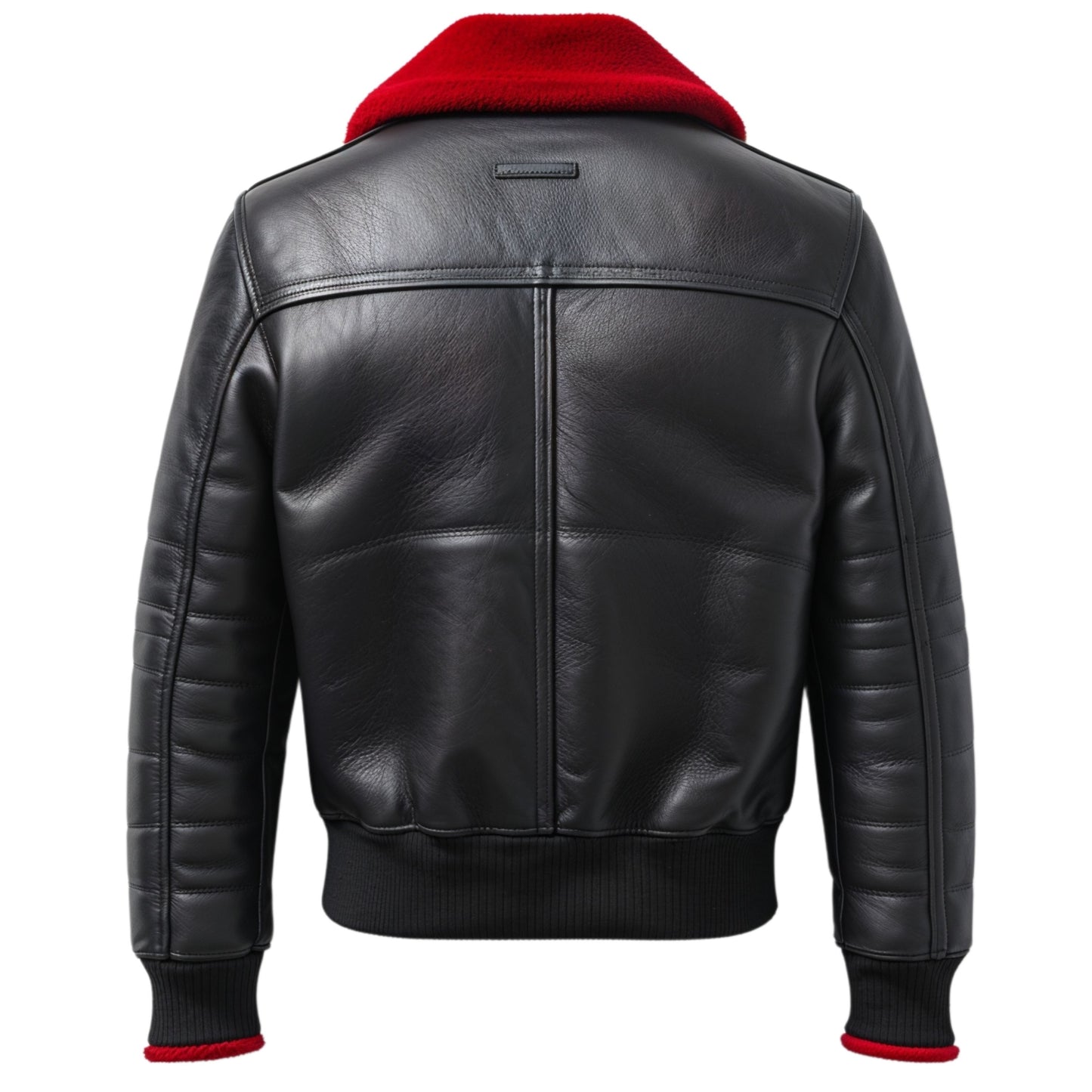 Men's Black Leather Bomber Jacket Red Faux Shearling Collar Ribbed Cuffs Urban Fashion