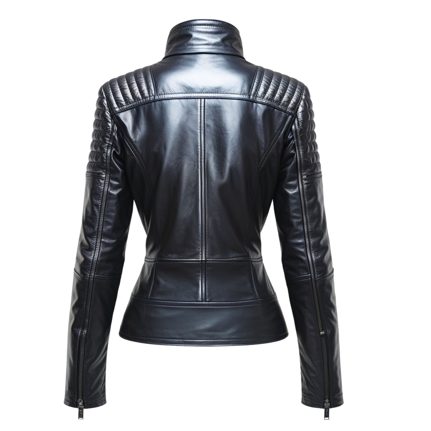 Women's Black Real Leather Quilted Shoulder Biker Jacket – Slim Fit Stand Collar Coat