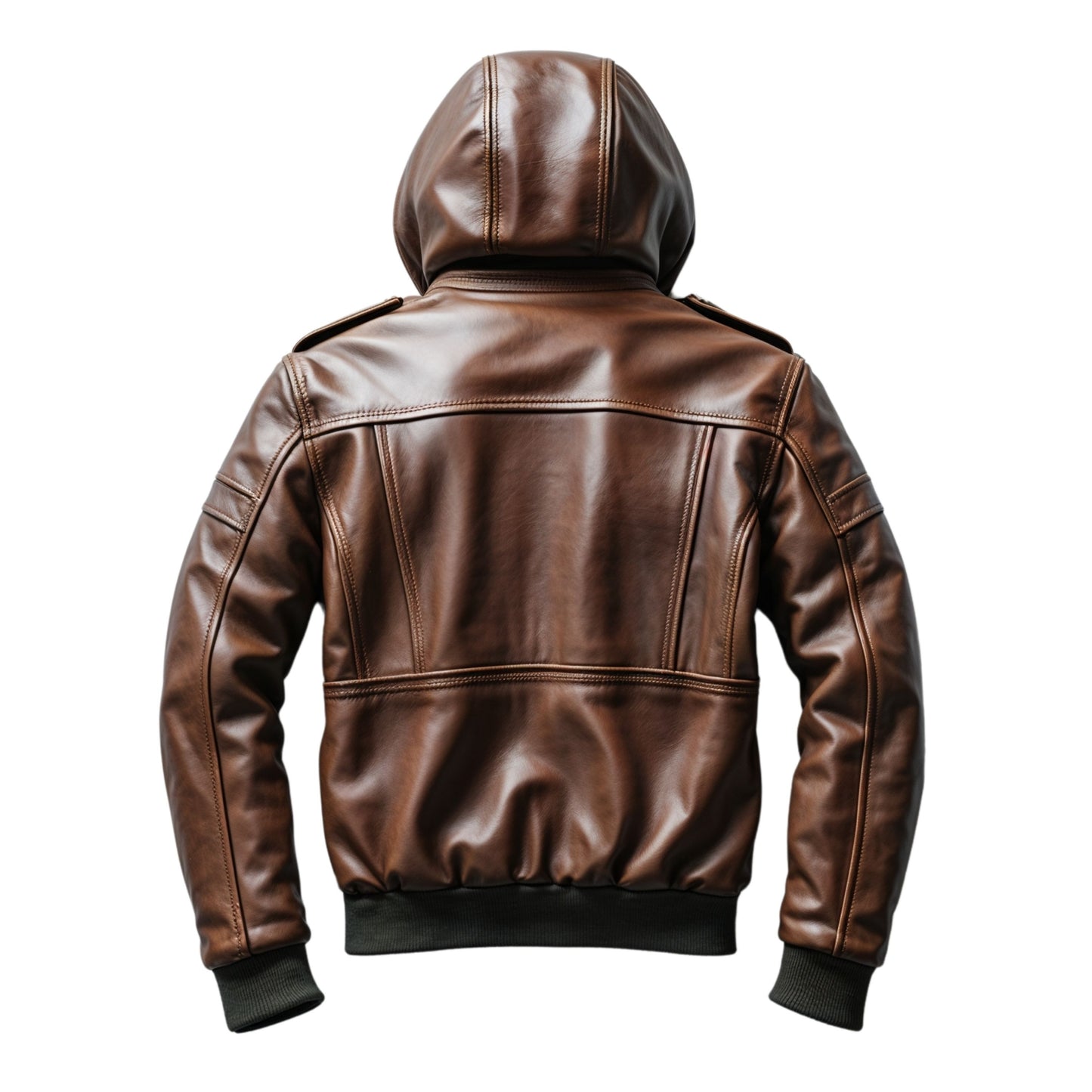 Classic Brown Hooded Leather Bomber Jacket Multiple Pockets Ribbed Cuffs Versatile Everyday Urban Style