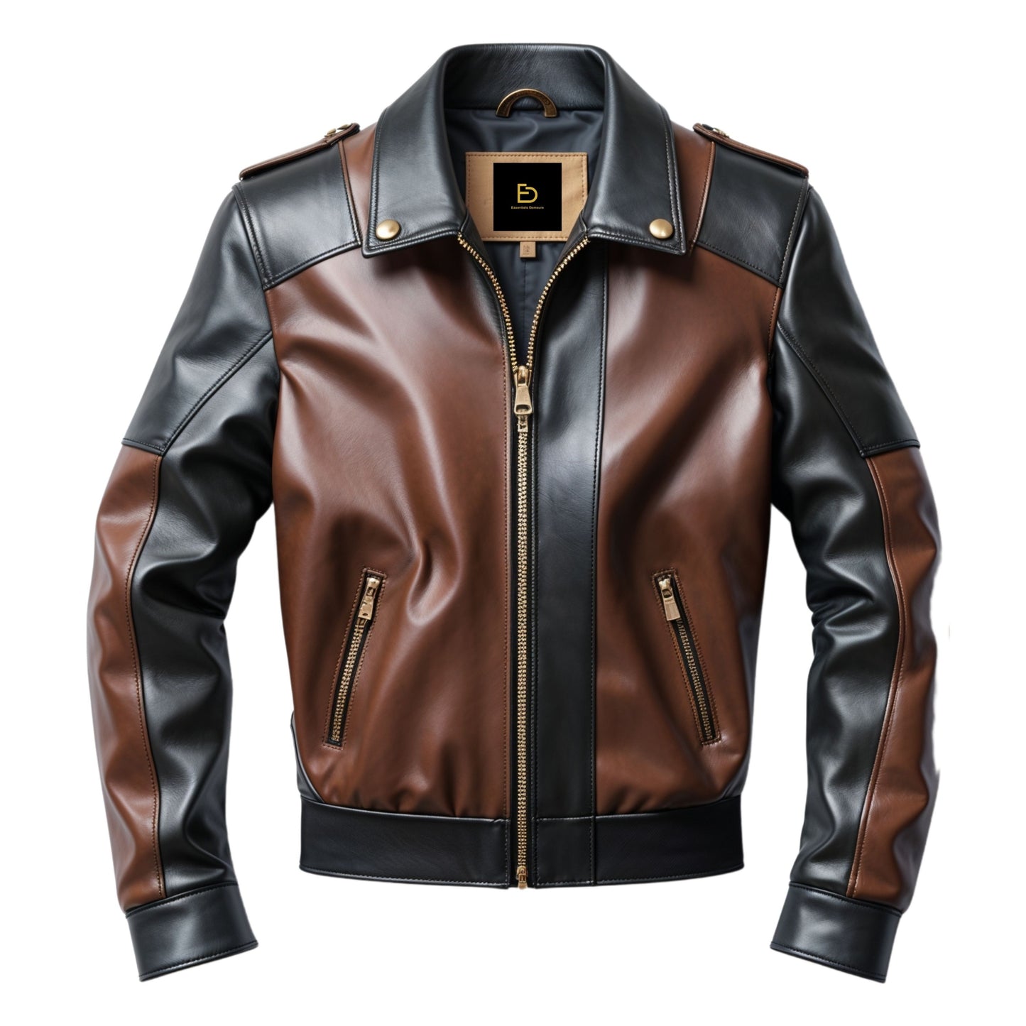 Two Tone Brown Black Leather Bomber Jacket: Military Inspired, Gold Accents, Zip Front