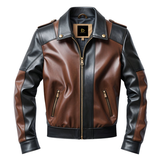 Two Tone Brown Black Leather Bomber Jacket: Military Inspired, Gold Accents, Zip Front