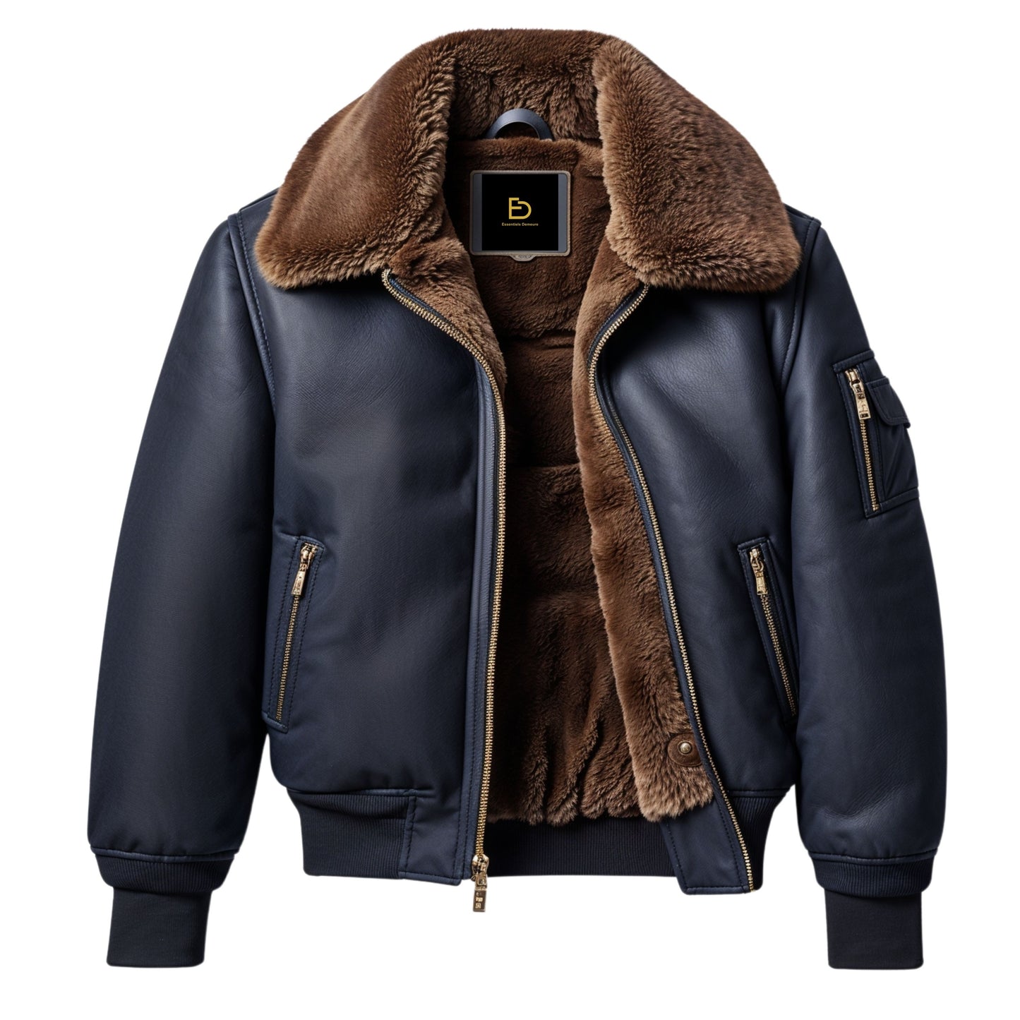 Navy Blue Real Leather Bomber Jacket with Shearling Lining, Zip Pockets, Casual Winter Wear