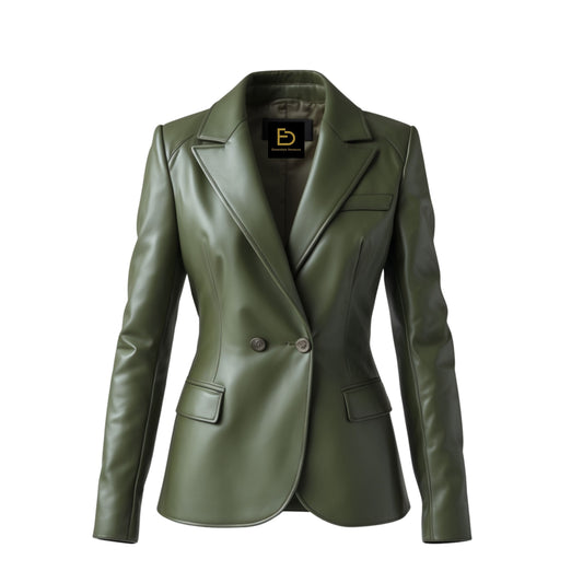 Olive Green Real Leather Blazer Jacket: Double Button, Notch Lapel, Fitted Waist