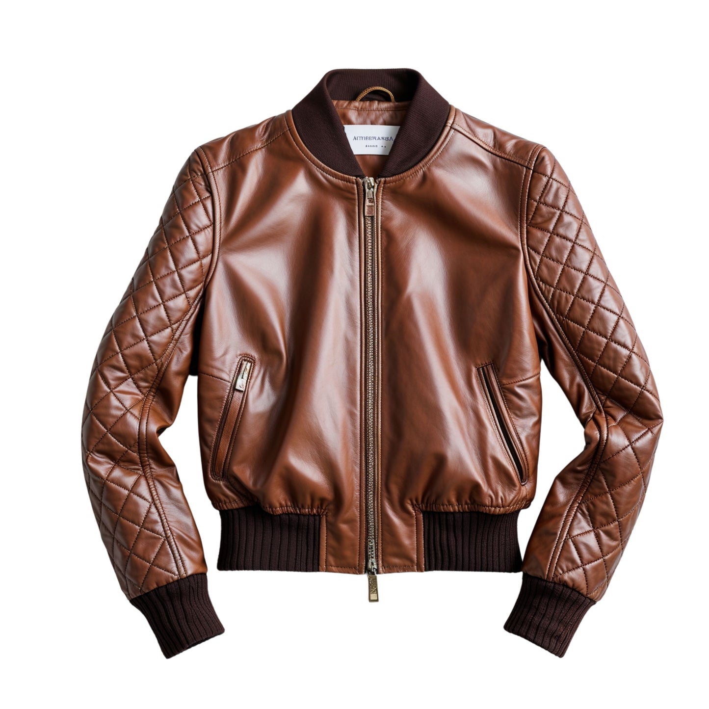 Women's Cognac Brown Leather Bomber Jacket: Quilted Sleeve Flight Style Coat