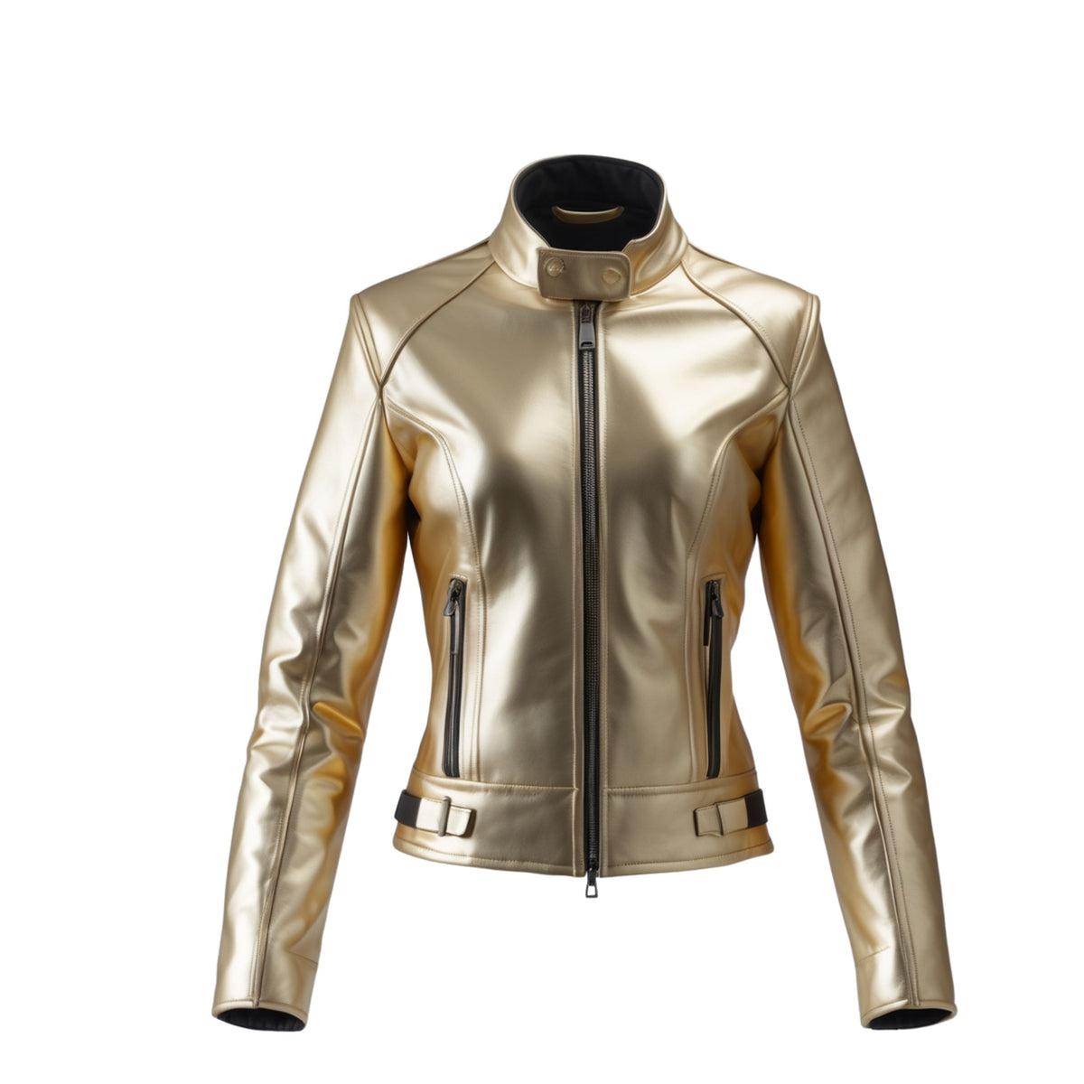 Womens Metallic Gold Leather Biker Jacket with High Neck and Belt