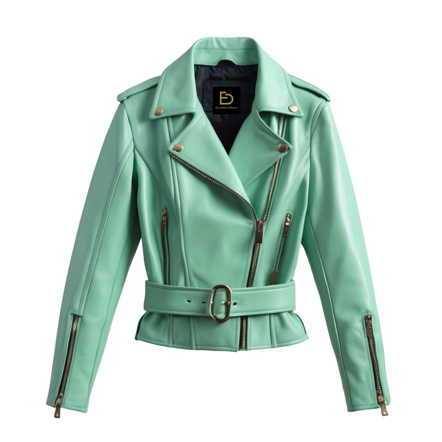 Mint Green Leather Belted Biker Jacket with Wide Lapel – Fashion Outerwear