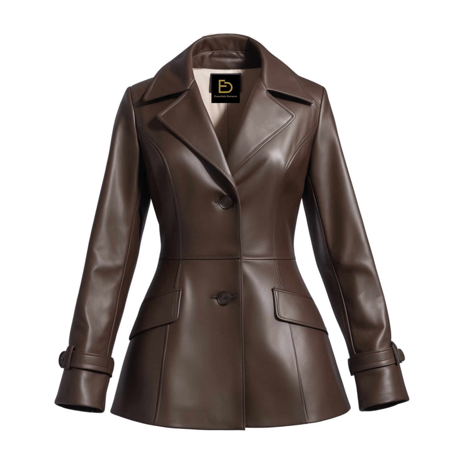 Brown Real Leather Blazer Jacket: Tailored Lapel Collar Work Outerwear