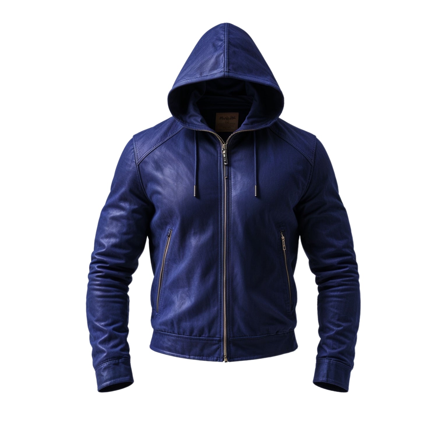 Men's Blue Leather Hooded Jacket: Zip-Up Outerwear, Modern Fit, All Seasons