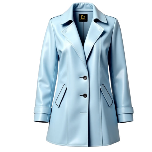 Light Blue Genuine Lambskin Leather Car Coat: Double Breasted, Epaulet Cuffs, Slim Fit