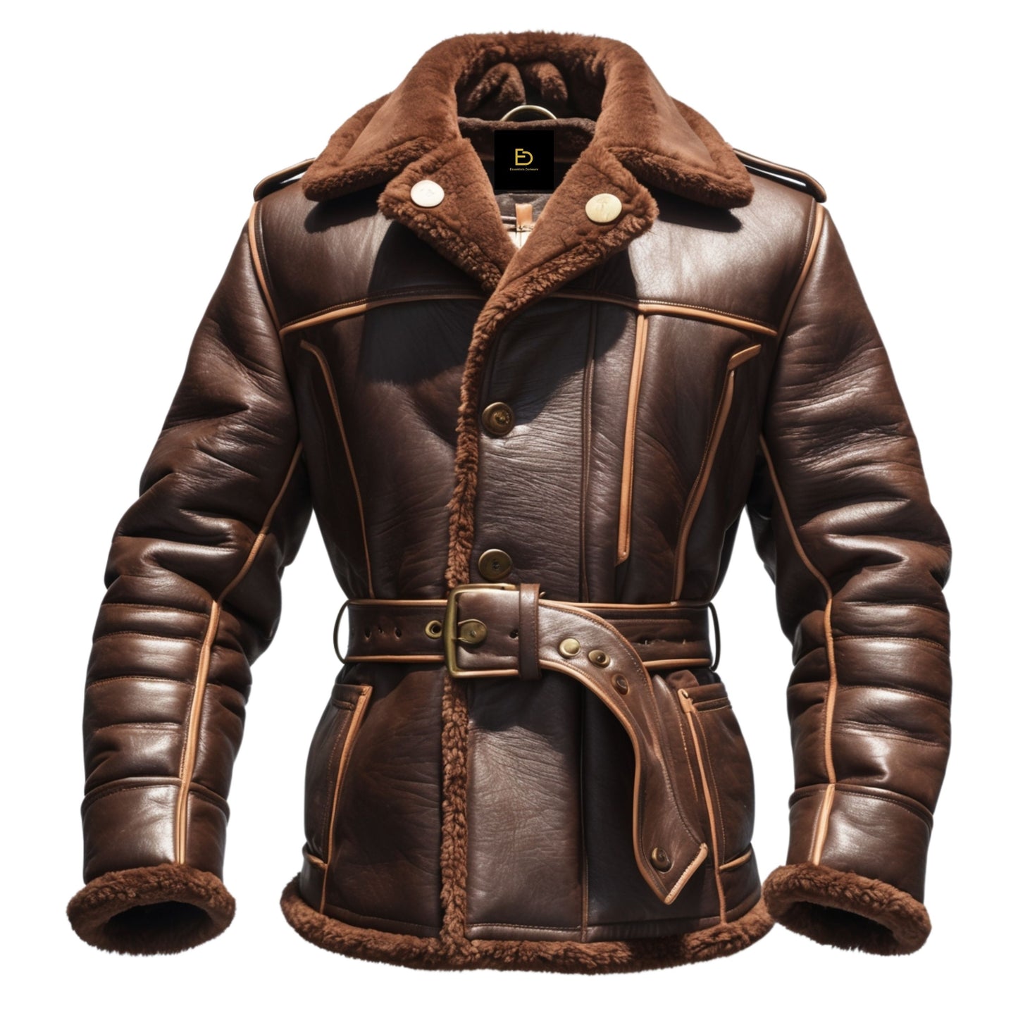 Men's Brown Leather Shearling Aviator Jacket: Belted Waist, Vintage Style, Winter Warmth