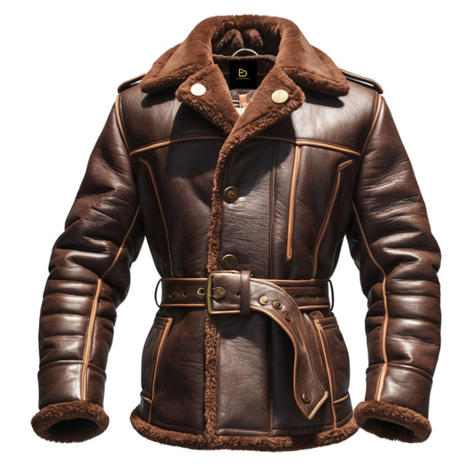 Men's Brown Leather Shearling Aviator Jacket: Belted Waist, Vintage Style, Winter Warmth