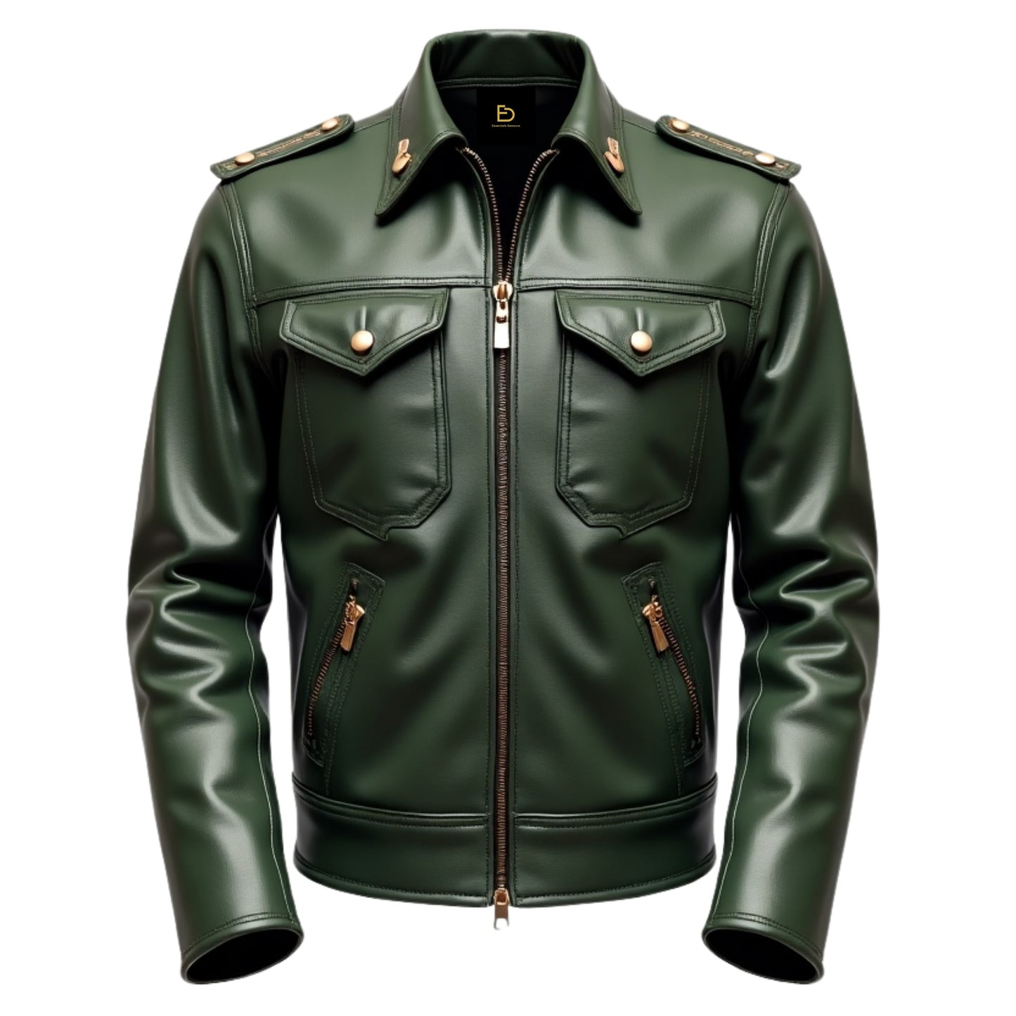 Men Real Leather Military Style Green Jacket Epaulets Multiple Pockets Fashionable Outdoor Everyday Wear