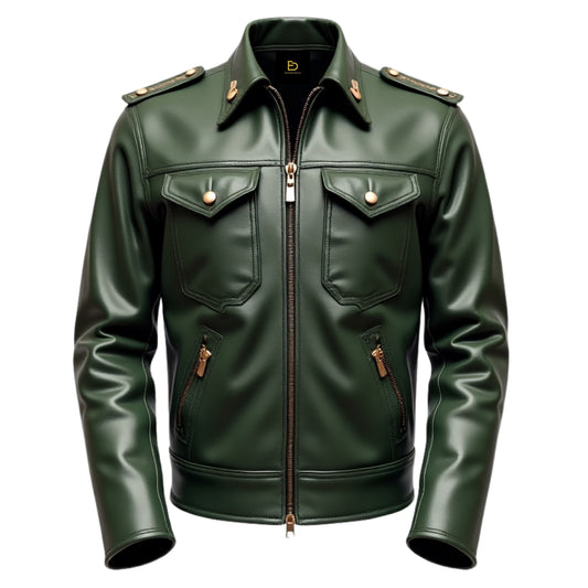 Men Real Leather Military Style Green Jacket Epaulets Multiple Pockets Fashionable Outdoor Everyday Wear