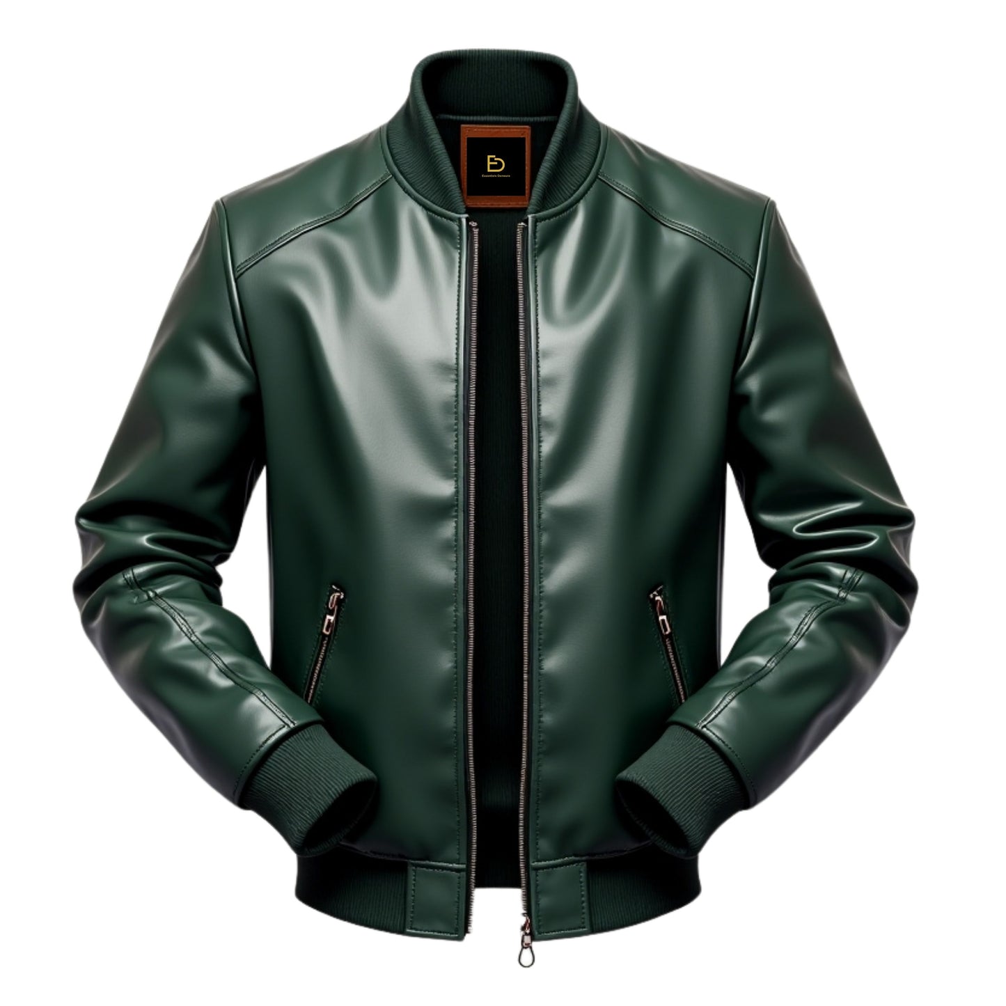 Men's Green Real Leather Bomber Jacket with Ribbed Details