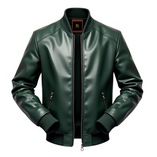 Men's Green Real Leather Bomber Jacket with Ribbed Details