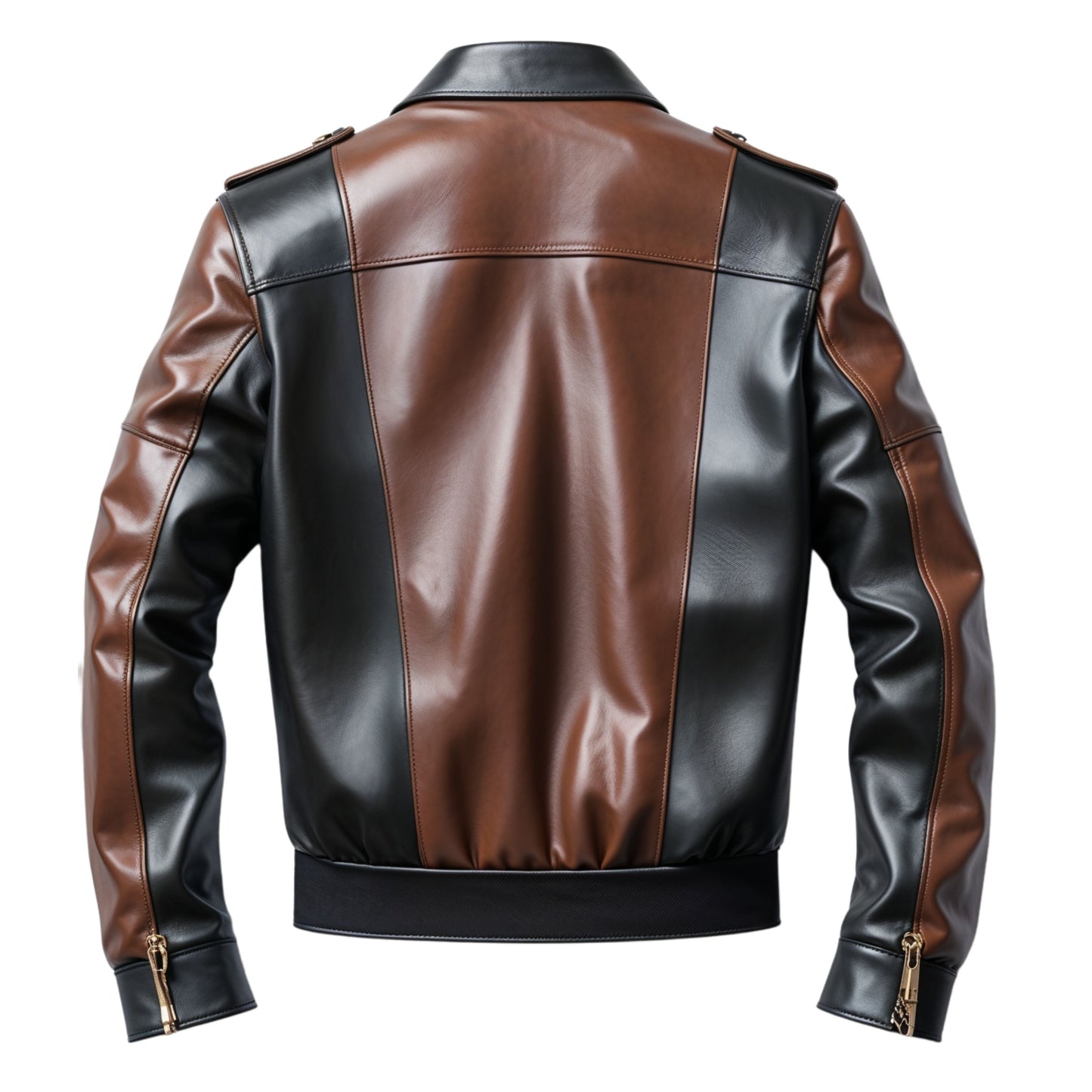Two Tone Brown Black Leather Bomber Jacket: Military Inspired, Gold Accents, Zip Front