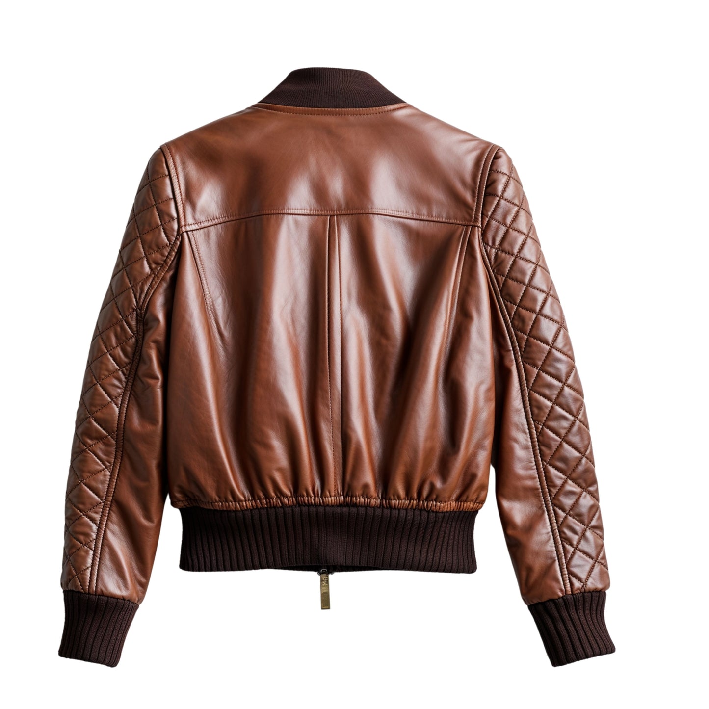 Women's Cognac Brown Leather Bomber Jacket: Quilted Sleeve Flight Style Coat