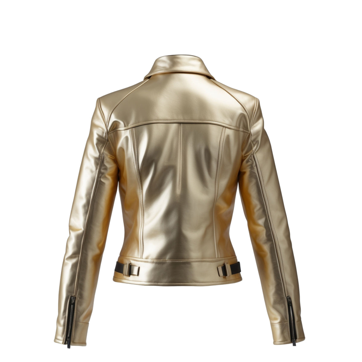 Womens Metallic Gold Leather Biker Jacket with High Neck and Belt