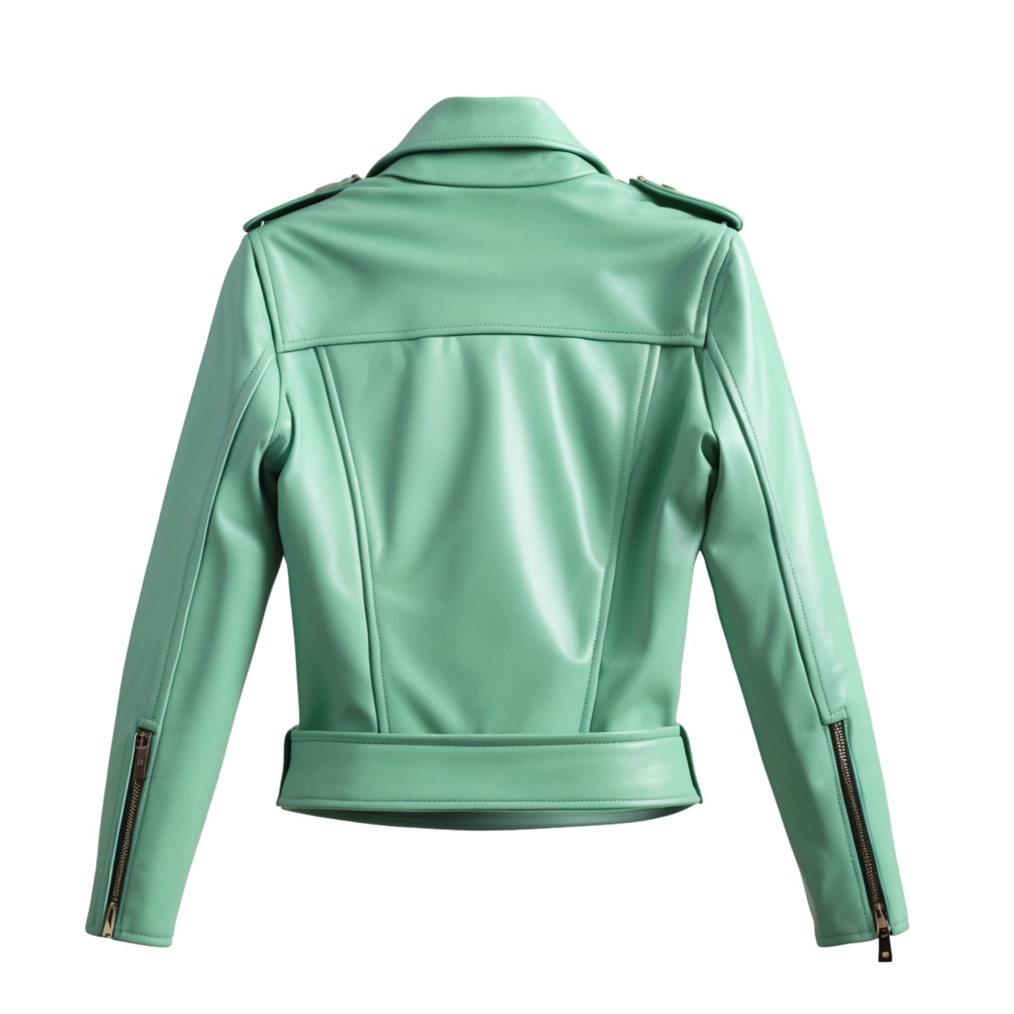 Mint Green Leather Belted Biker Jacket with Wide Lapel – Fashion Outerwear