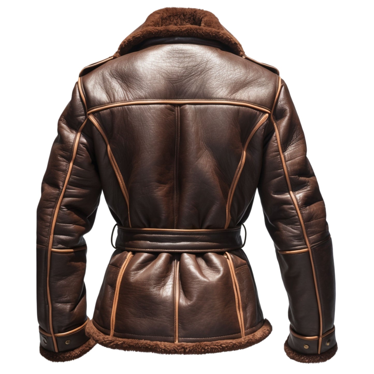 Men's Brown Leather Shearling Aviator Jacket: Belted Waist, Vintage Style, Winter Warmth