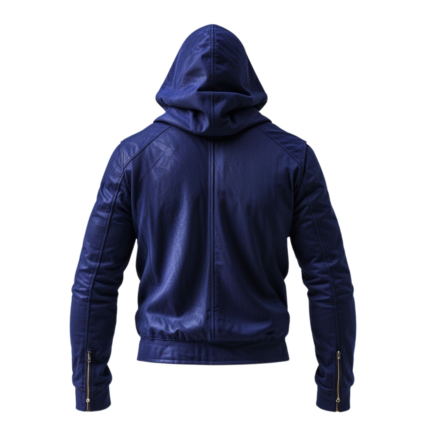 Men's Blue Leather Hooded Jacket: Zip-Up Outerwear, Modern Fit, All Seasons