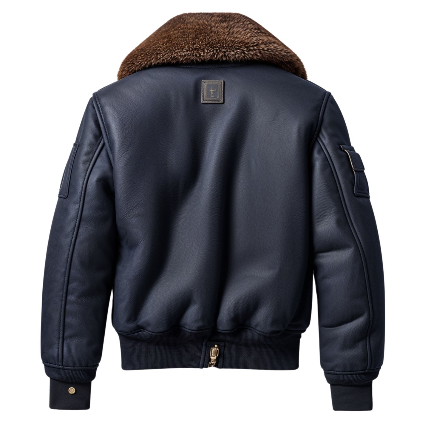 Navy Blue Real Leather Bomber Jacket with Shearling Lining, Zip Pockets, Casual Winter Wear