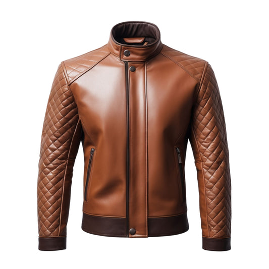 Brown Quilted Leather Biker Jacket – Cafe Racer Stand Collar Full Zip