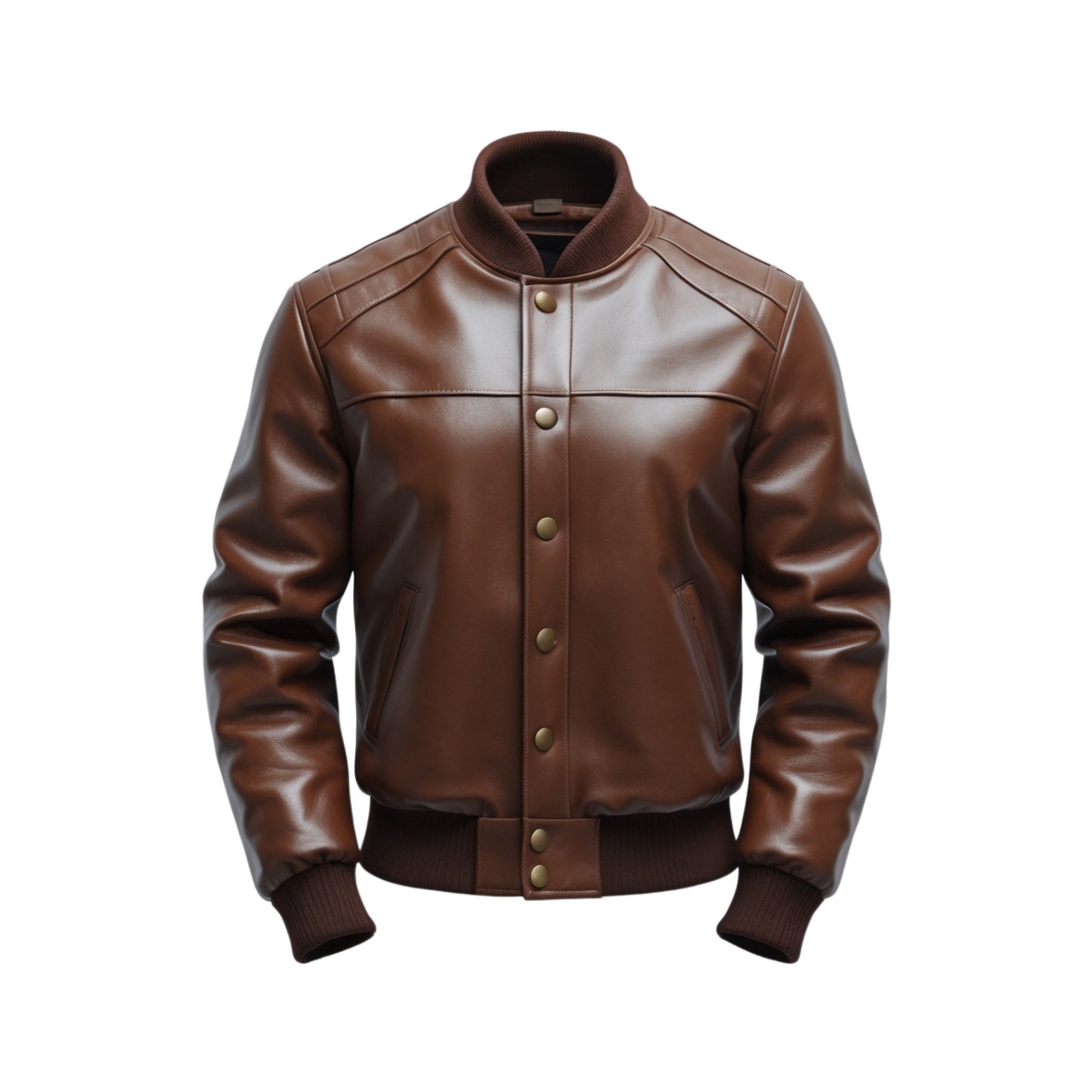 Men's Brown Leather Bomber Jacket Ribbed Cuffs Snap Button Casual Winter Wear