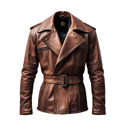 Men's Brown Leather Belted Jacket: Wide Lapels, Zipper Pockets, Timeless Style