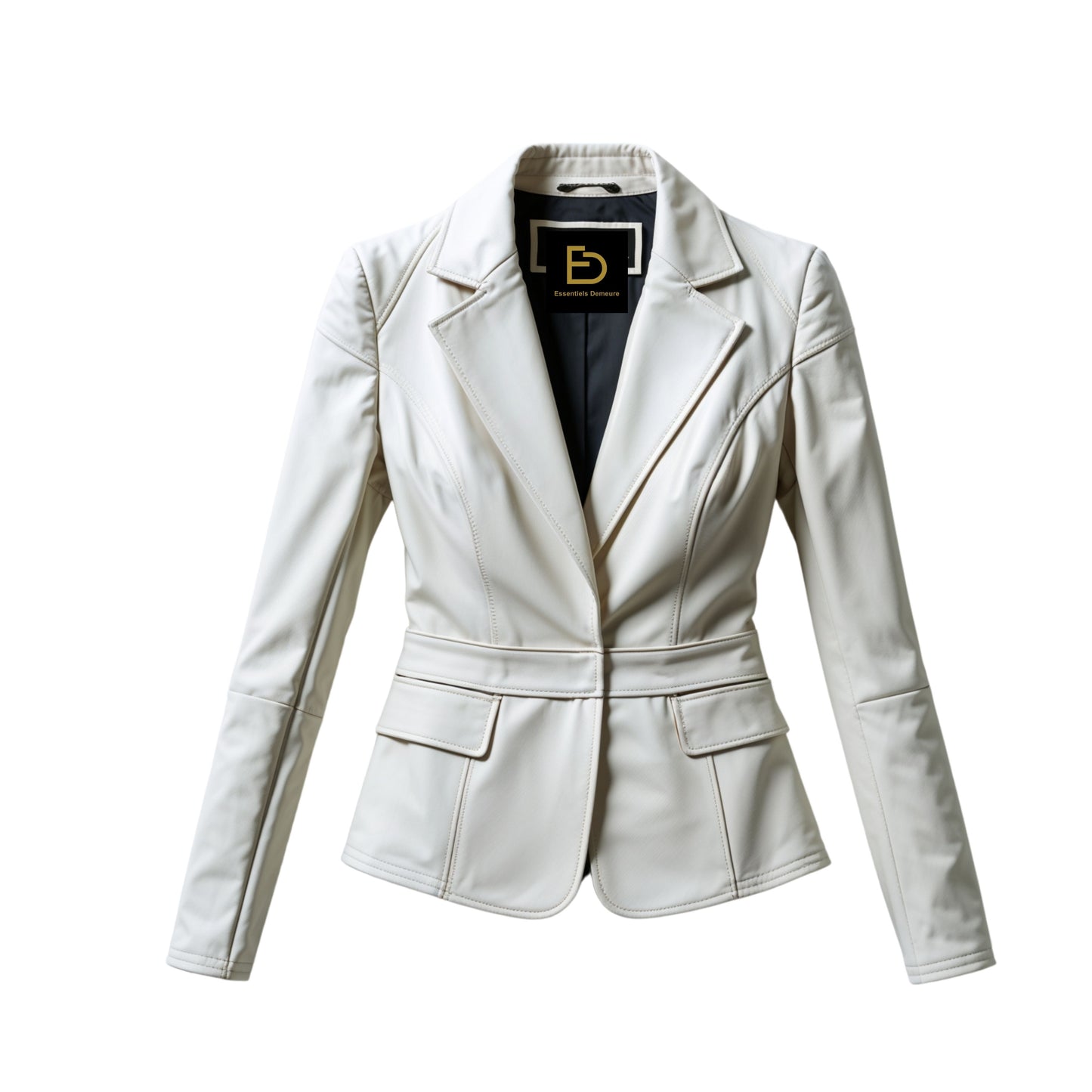Women's Ivory Real Leather Blazer Jacket – Slim Fit Notched Lapel Office Coat
