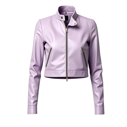Lilac Lambskin Leather Cropped Biker Jacket – Slim Fit Moto Style