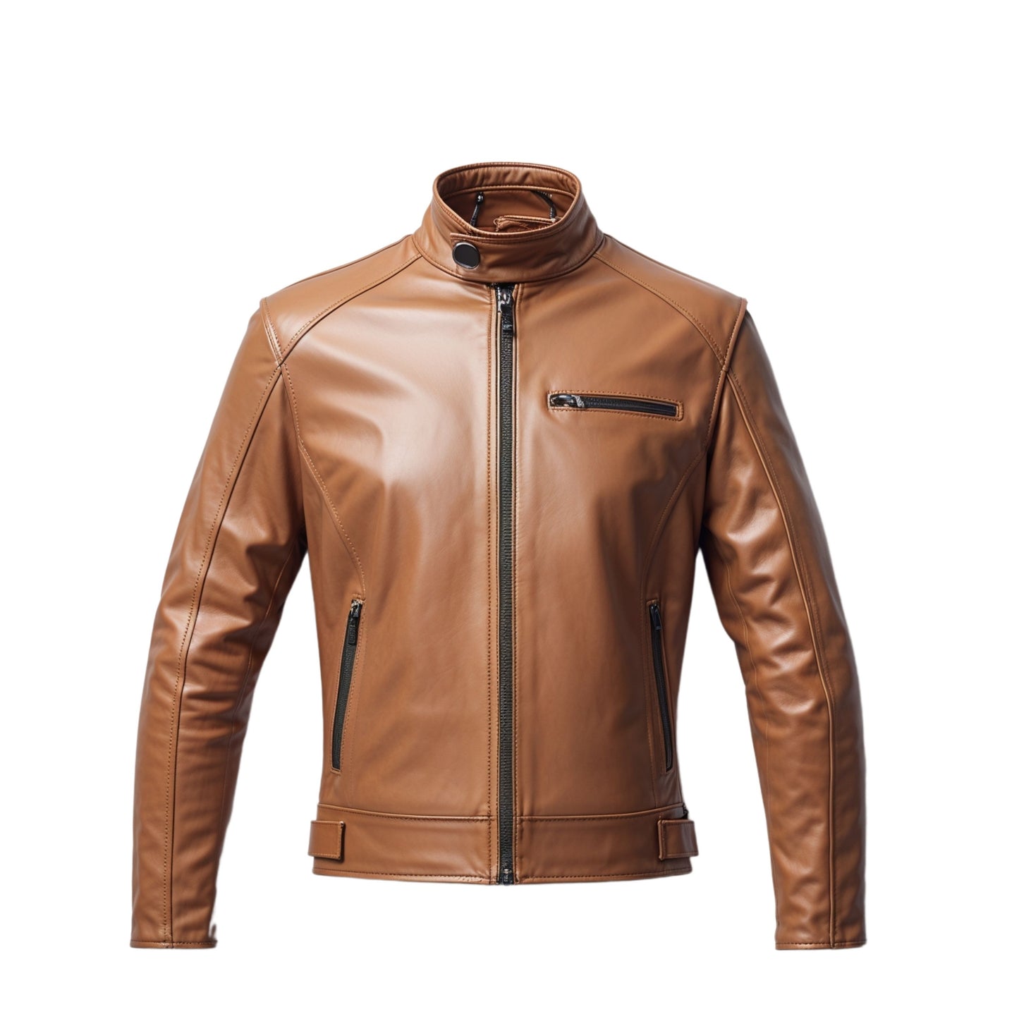 Men's Cognac Brown Leather Moto Jacket – Slim Fit Stand Collar Zipper Pockets