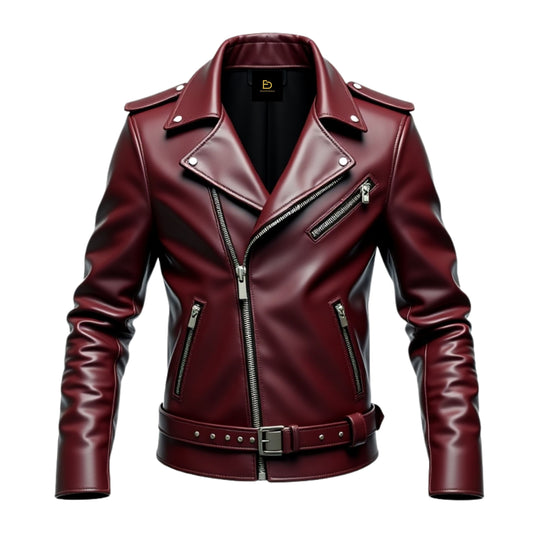 Men Real Leather Maroon Biker Jacket Asymmetrical Zipper Belted Waist Classic Motorcycle Street Style